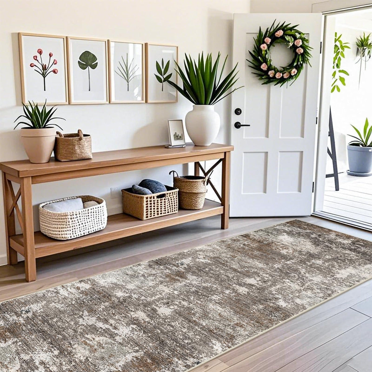 3x12 ft Long Hallway Runner Rug - Non-Slip Washable Carpet Runners Entryway Bathroom Modern Abstract Neutral Low-Pile