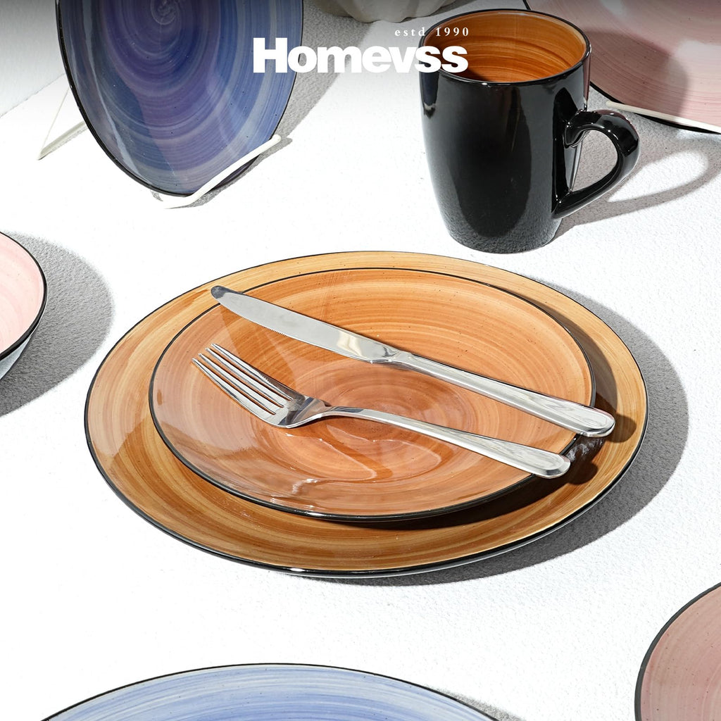 Sonoma 16pc Stoneware Dinnerware Set, Outside Black plus inside Hand Painting Combi Colors of Cobalt, Mocha, Rose and