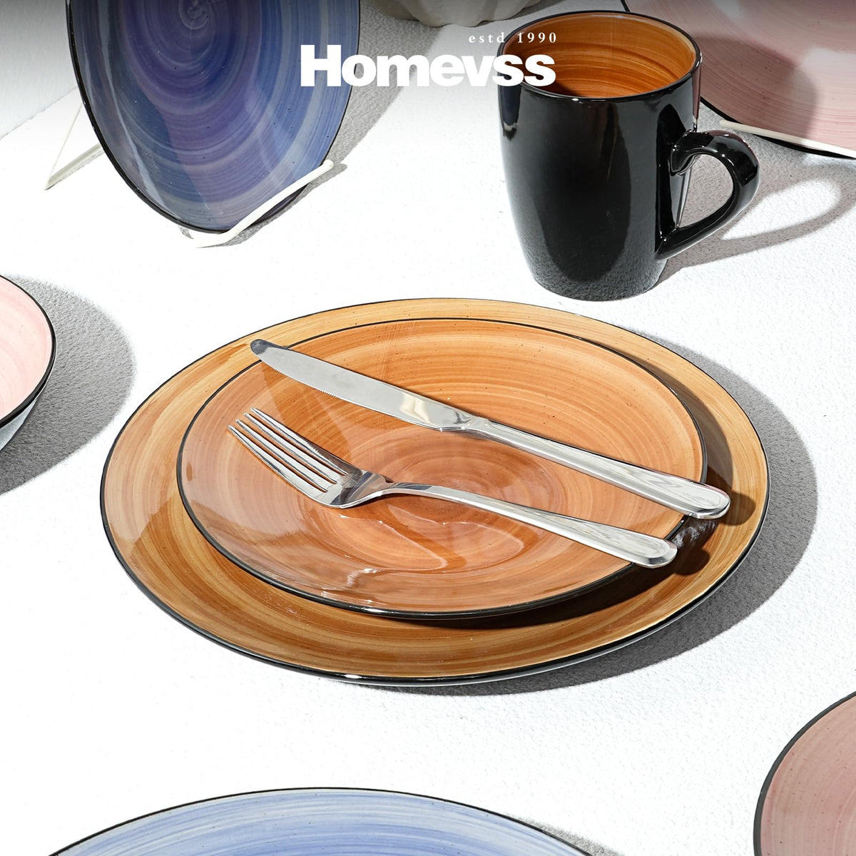 Sonoma 16pc Stoneware Dinnerware Set, Outside Black plus inside Hand Painting Combi Colors of Cobalt, Mocha, Rose and