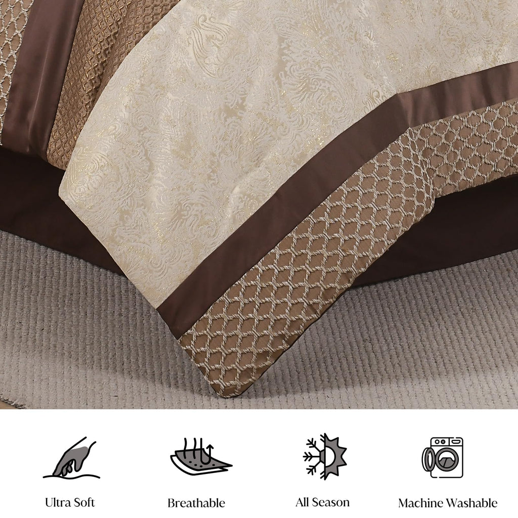 Comforter Set Brown Cream - 7 Piece Jacquard Bed in a Bag