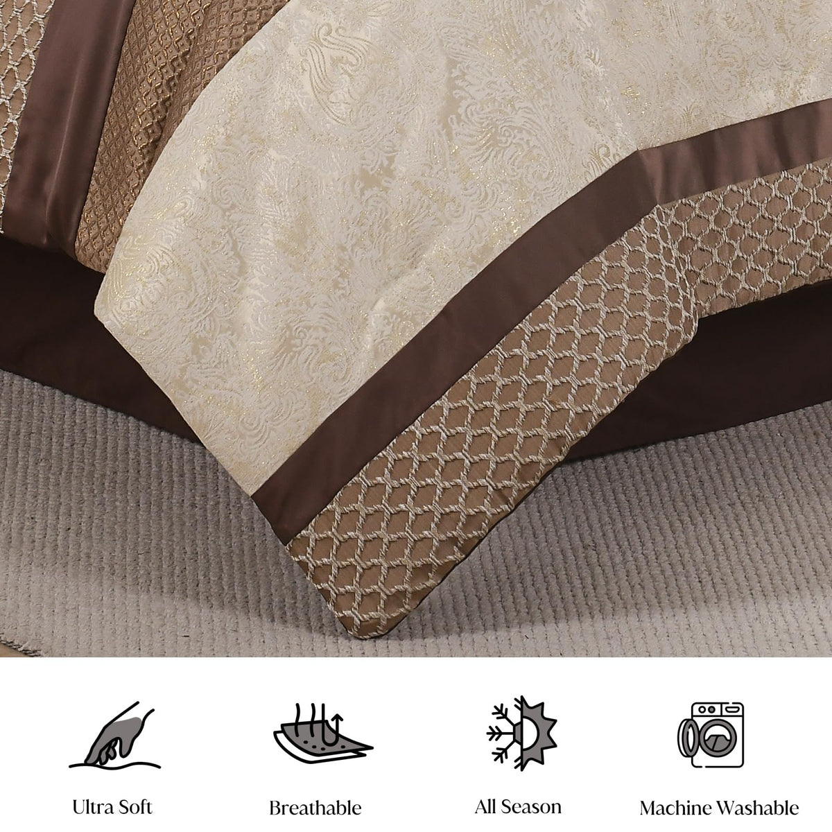 Comforter Set Brown Cream - 7 Piece Jacquard Bed in a Bag