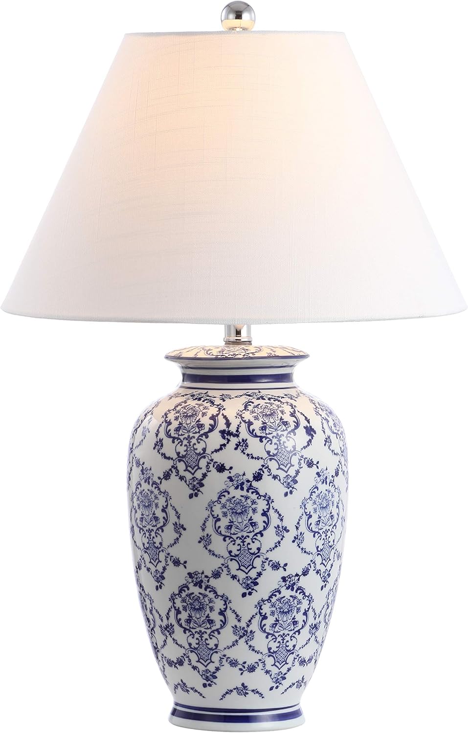 26.25" Blue/White Chinoiserie Ceramic Table Lamp, Traditional Asian-Inspired Urn Lamp Bedroom, White Linen Shade