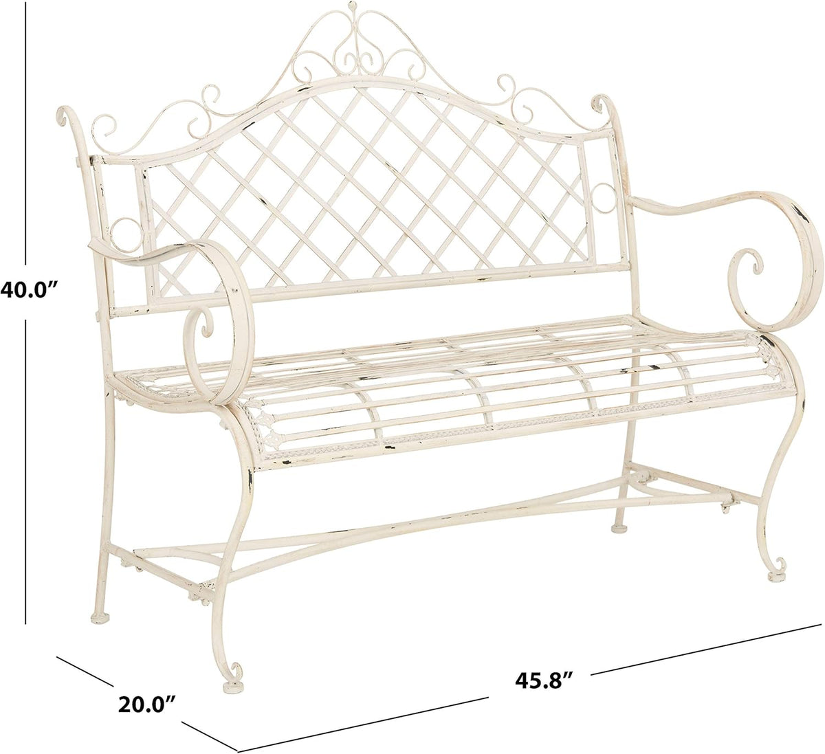Outdoor - Abner Outdoor Iron Garden Bench - Antique White - Scrollwork Design - Ideal , Deck, Porch, Garden, 17" Seat
