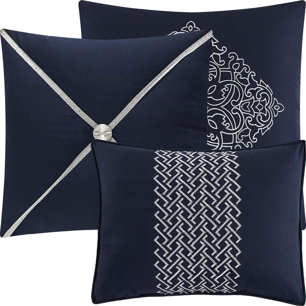 Navy Damask Patchwork Comforter Sets Bed, 7 Piece, Chain Stitching Embroidery Ultra Soft, Premium