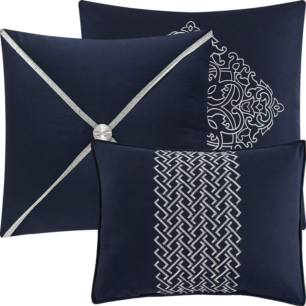 Navy Damask Patchwork Comforter Sets Bed, 7 Piece, Chain Stitching Embroidery Ultra Soft, Premium