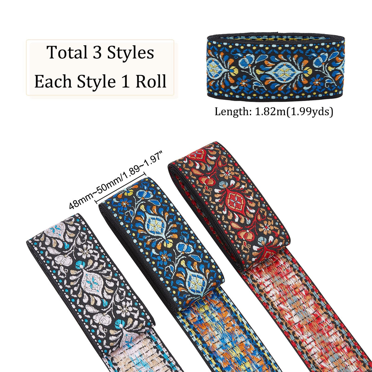 2 Inch Vintage Jacquard Ribbon Boho Embroidered Woven Ribbon - 6 Yards