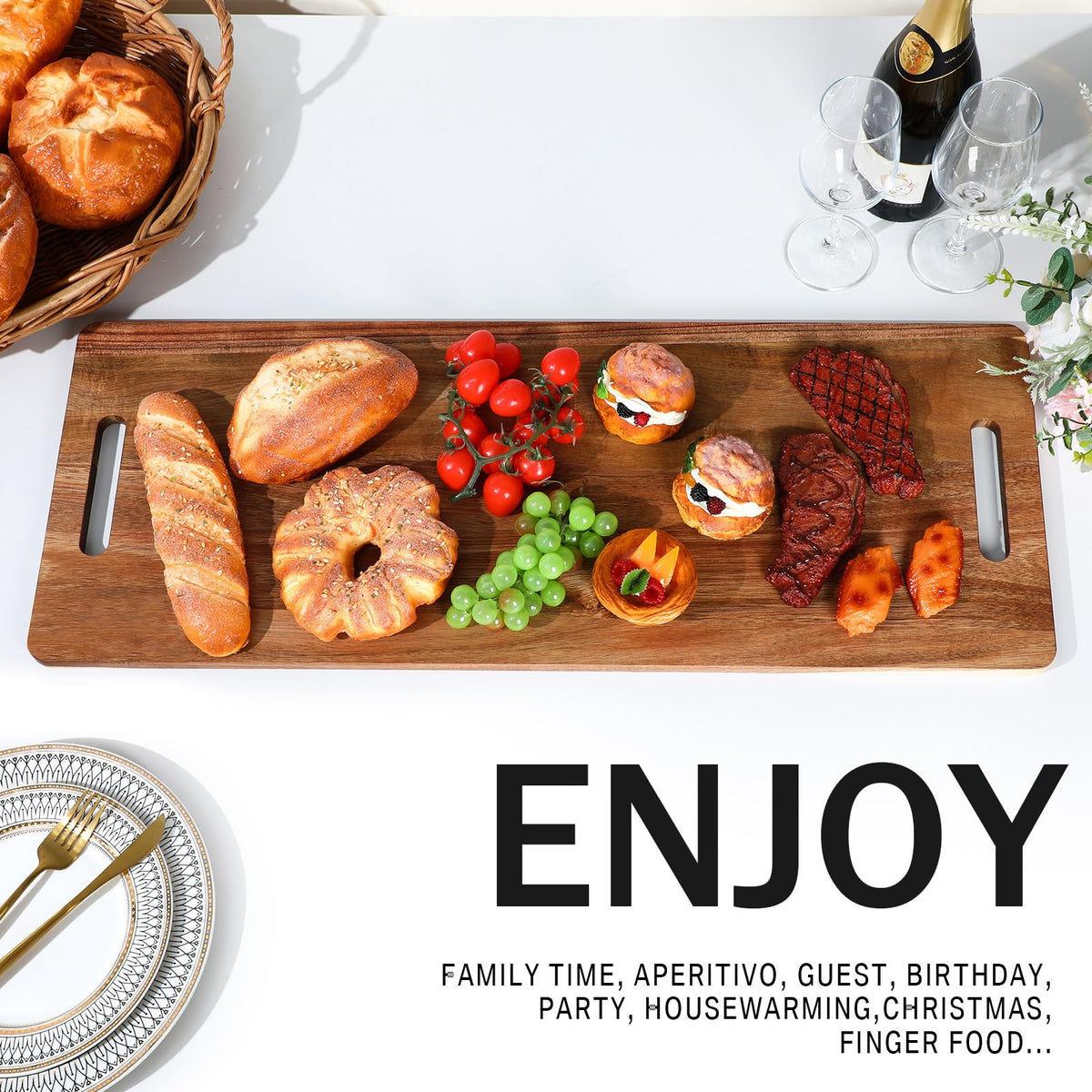 2 Pcs Large Acacia Wooden Charcuterie Boards with Handle 30 x 12 Inch