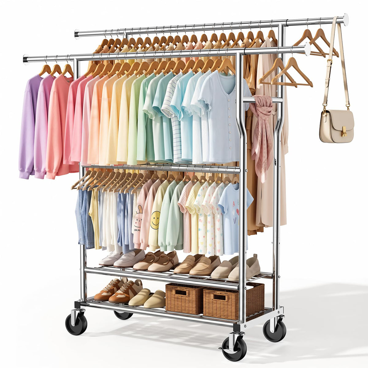 Heavy Duty Clothes Rack Load 960LBS, Adjustable Three Rods Rolling Garment Rack with Double-Layer Bottom Shelf