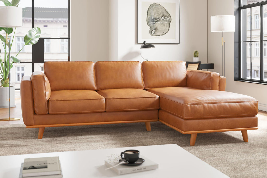 Artisan Full Leather Sofa - Pure Full Italian Nappa Leather Couch, Solid Wood Accent, Ultimate Comfort (Cognac, Right