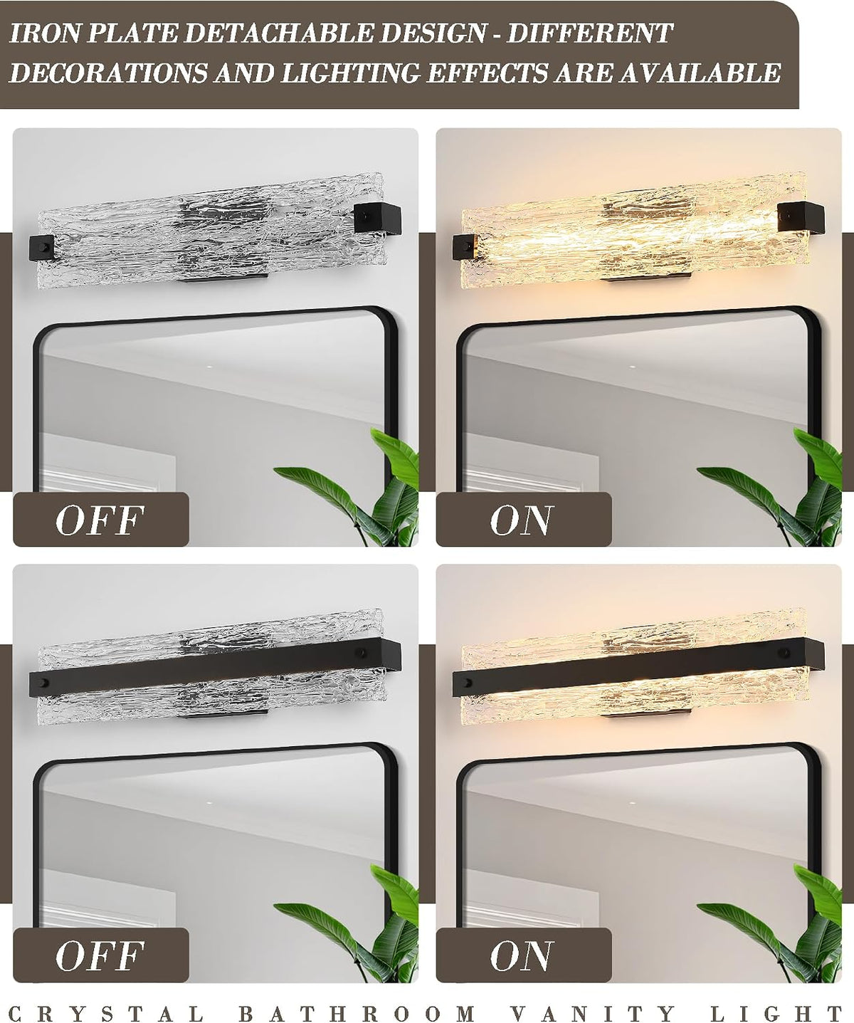 Black LED Bathroom Vanity Light, 24.4 Inch 15W Modern Dimmable Bathroom Light Fixture Over Mirror, Crystal Bar Wall