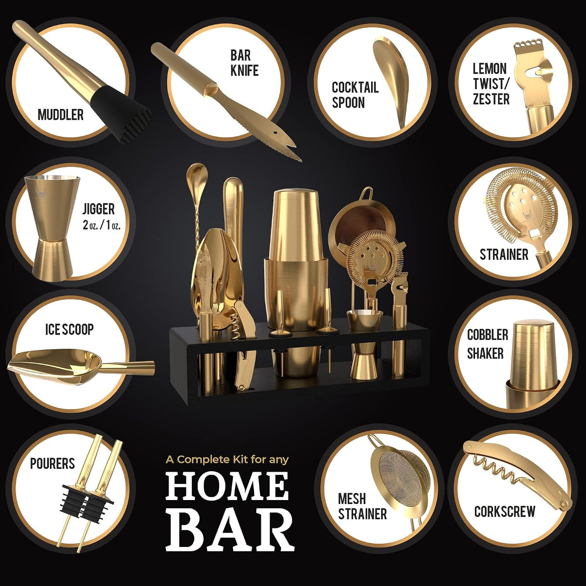 Bartender Kit with Black Bamboo Stand Beautiful Cocktail Shaker Set and Bar Tools Stainless Steel Boston Shaker