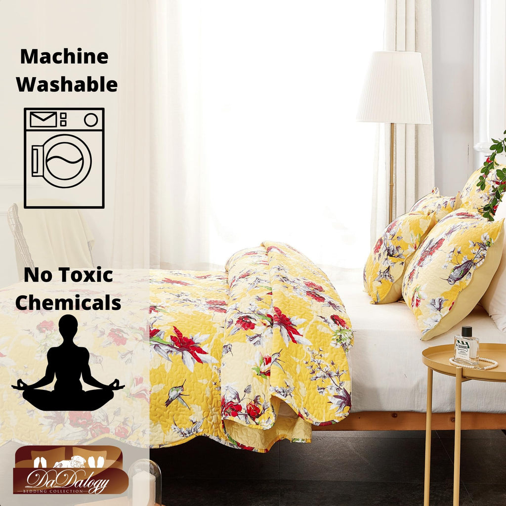 Bedding Radiant Sunshine Yellow Floral Bedspread Set - Hummingbirds Farmhouse Red Flowers Garden Quilted Coverlet