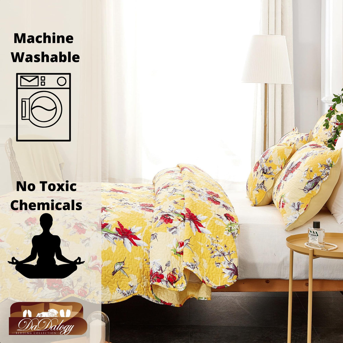 Bedding Radiant Sunshine Yellow Floral Bedspread Set - Hummingbirds Farmhouse Red Flowers Garden Quilted Coverlet
