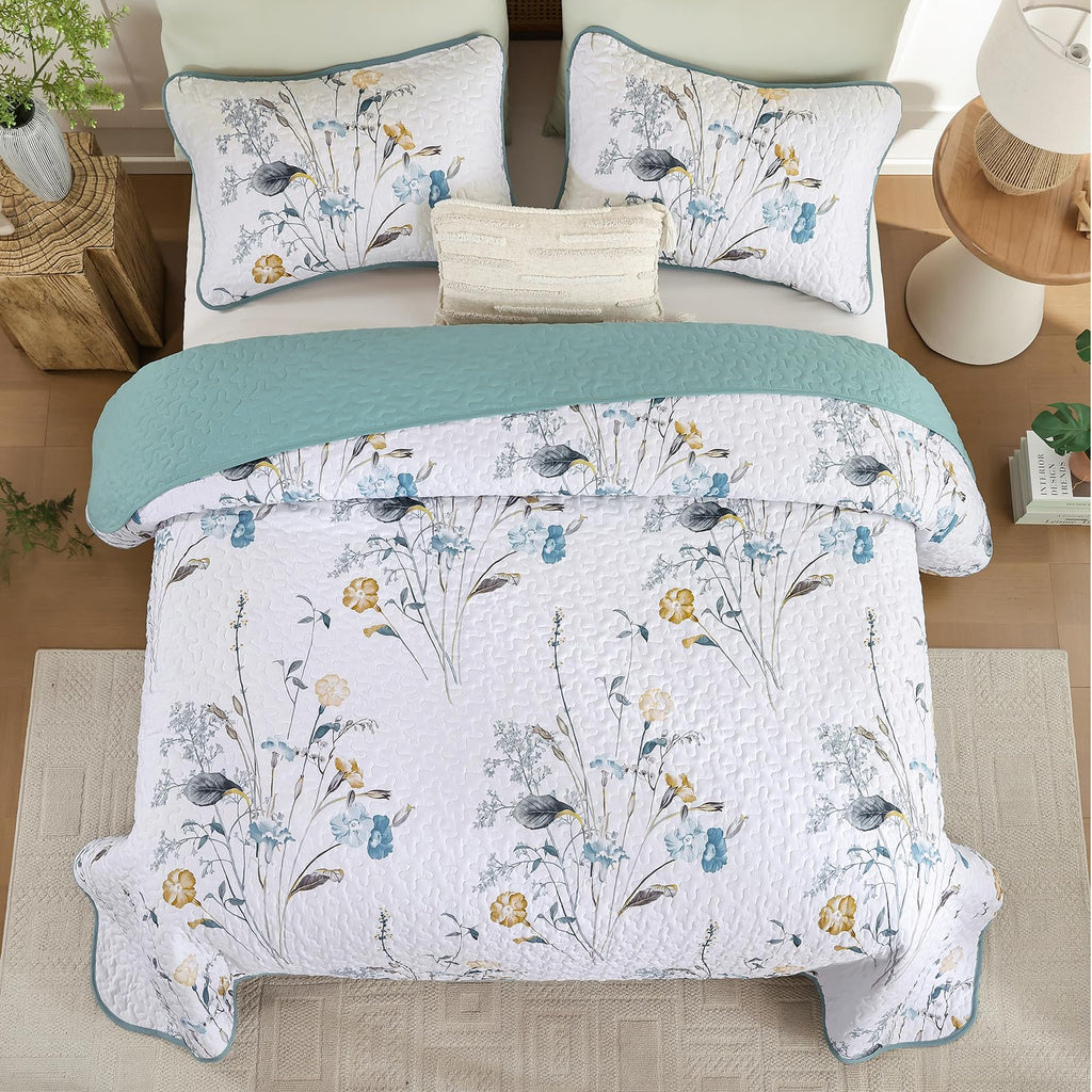 Teal Quilt Set Queen, Floral Boho Bedspread 3 Pieces