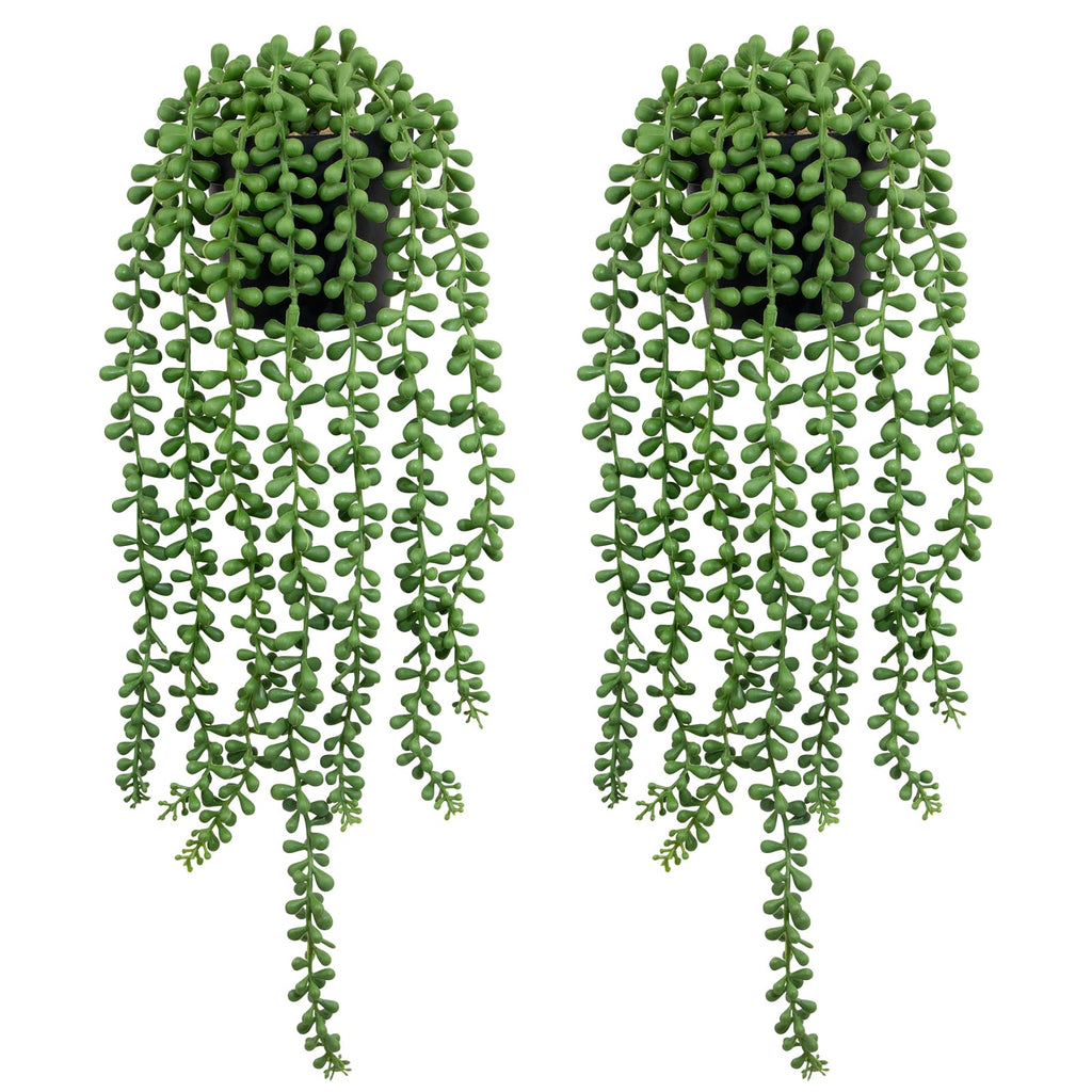 2 Pack Lifelike Artificial String of Pearls Plant - Faux Hanging Succulent with Black Pot, Realistic Trailing Fake