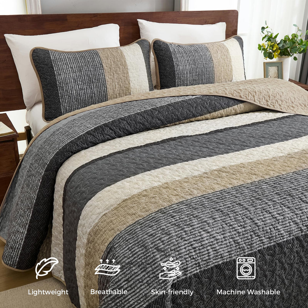 Grey Quilt Set, 3-Piece Boho Striped Bedding