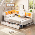 Corner Twin Bed Frame with Storage Drawers and Bookcase Headboard, Twin Size Metal Platform Corner Bed Frame with