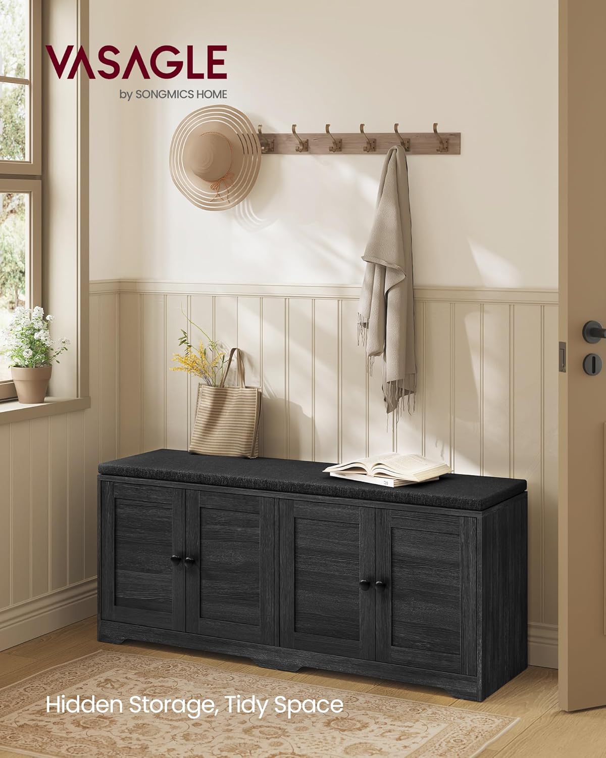 Shoe Storage Bench with Cushion, 3-Tier Entryway Bench with Padded Seat, Doors, Adjustable Shelves, 14 x 47.6 x 20.7