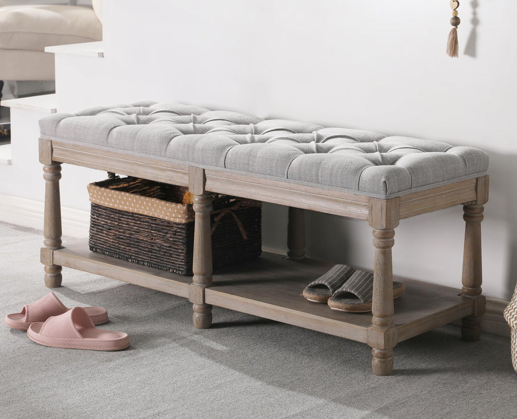 Farmhouse Storage Bench Wooden Entryway Upholstered Tufted Ottoman Bench End of Bed Hallway Organizer, Grey