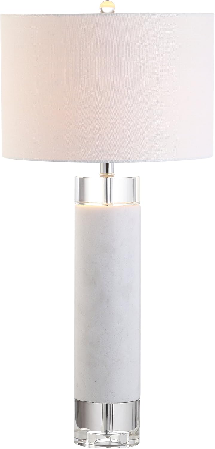 32" White Marble and Crystal LED Table Lamp, Modern Contemporary Cylindrical Column Bedside Lamp Bedroom