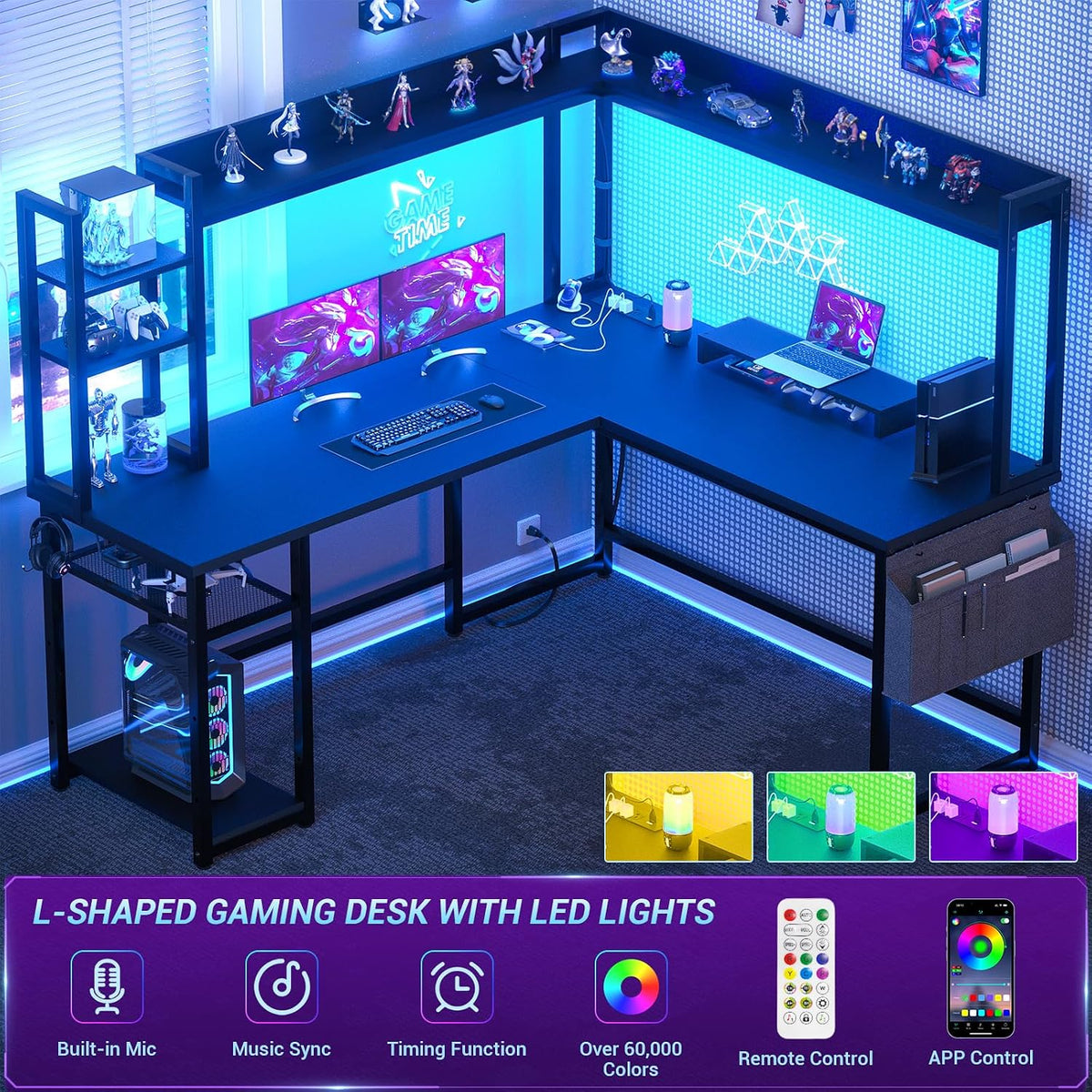 L Shaped Desk Gaming Desk with Power Outlet & LED Light & Monitor