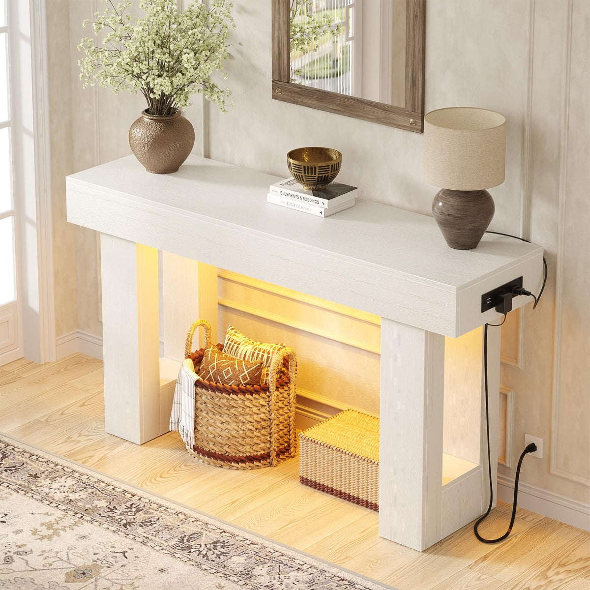 47" Entryway Table with Sensor Light and Outlets, Rustic White