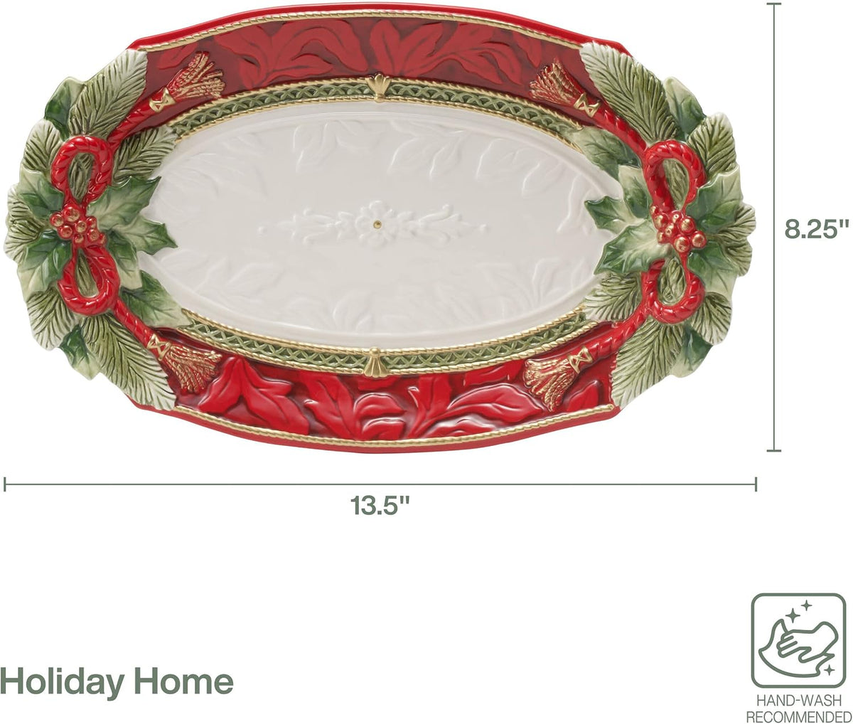 And Floyd Holiday Home Poinsettia Trim Serving Platter, 13.5 inch, Red