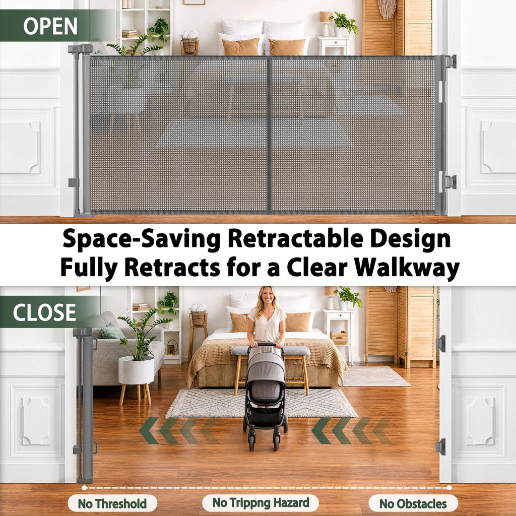 Reinforced 72" Long Retractable Baby Gate, Prevents Crawling Under