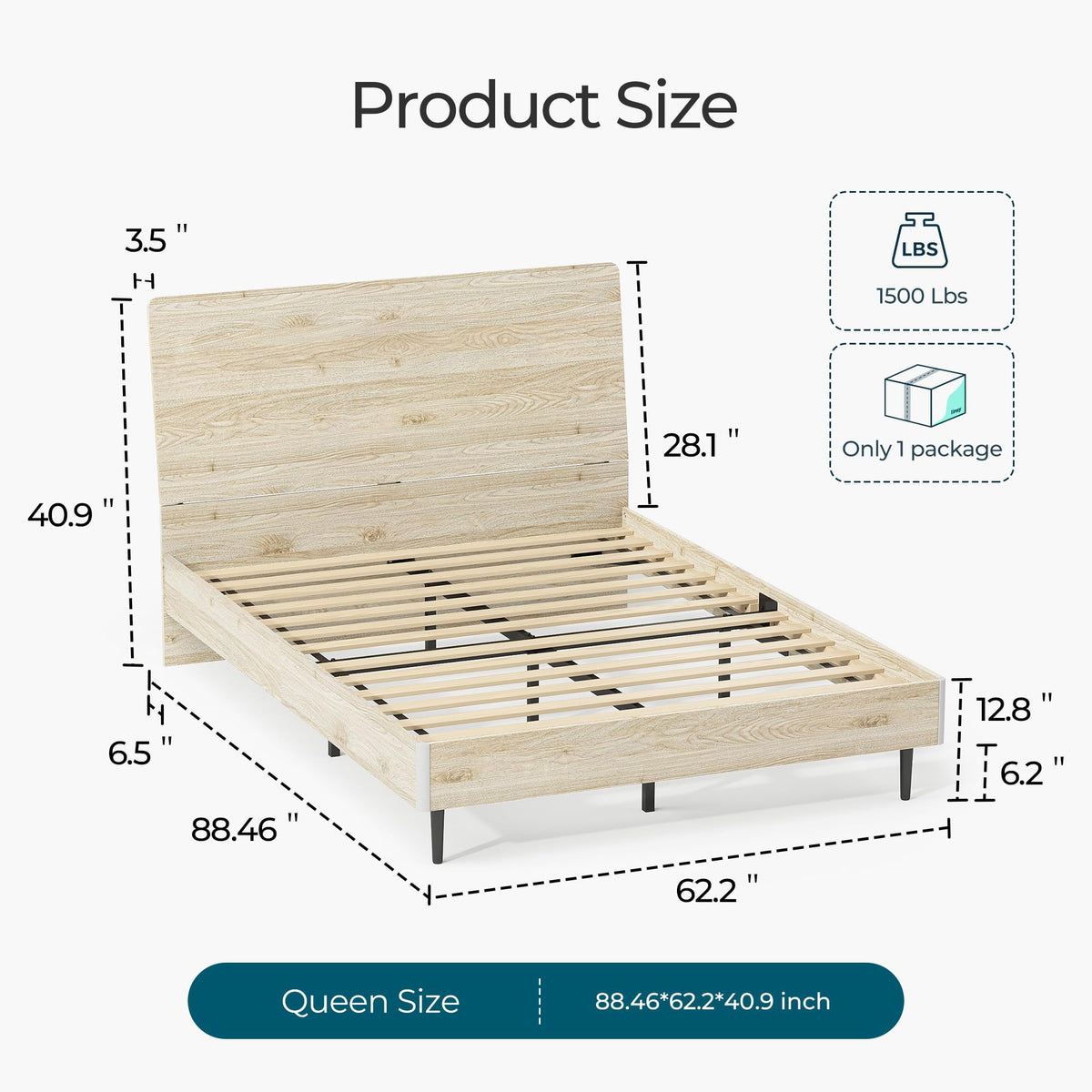 Queen Bed Frame with Ergonomic Headboard, Farmhouse Wood Bed Frame Queen Size with Storage Shelf, Noise-Free, No Box