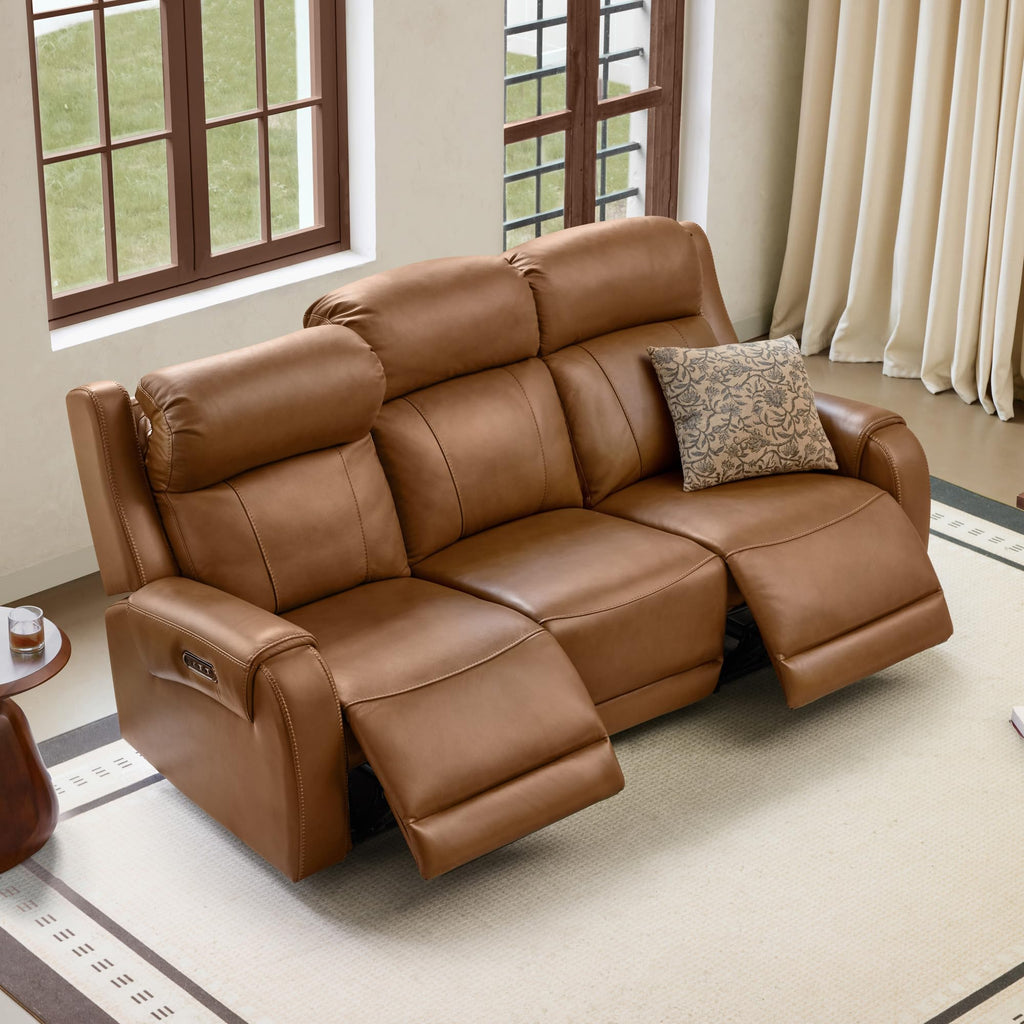 Genuine Leather Power Recliner Sofa, 3 Seater Reclining Sofa, Saddle