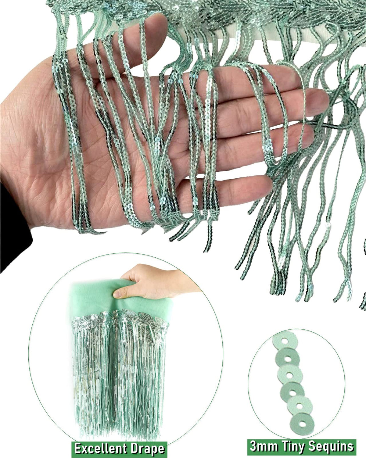 Sparkly Sequined Tassel Ribbon Sequins Fringe Trim Spangle Paillette Lace Fabric for Upholstery Sewing - 10 Yards