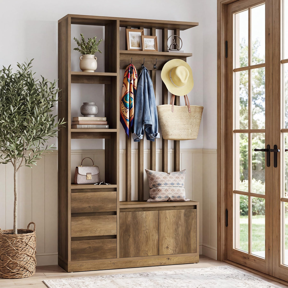Hall Tree with Bench and Shoe Storage, Farmhouse Entryway Bench