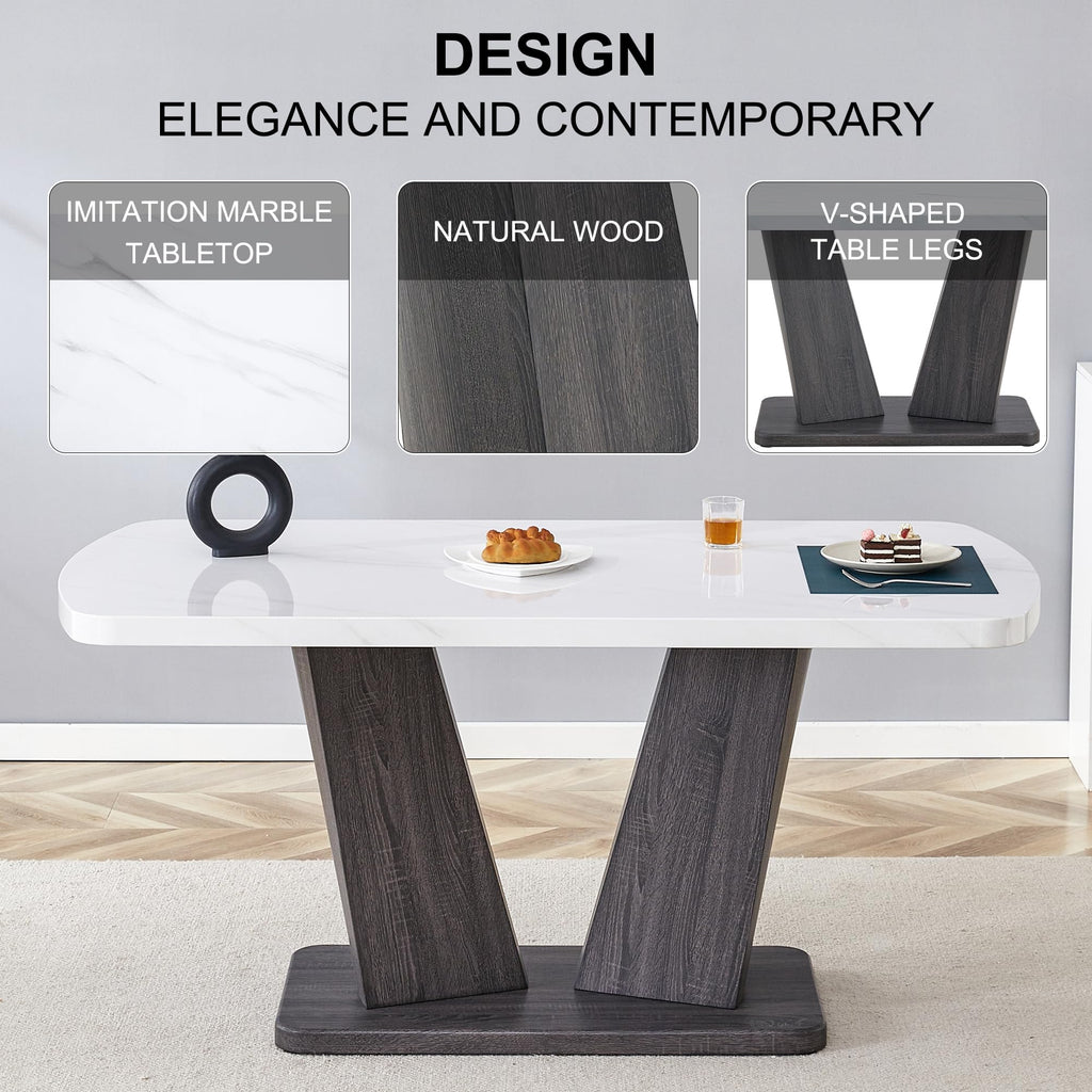 6 Piece Marble Dining Table Set with Bench, Marble Dining Room Table Chairs Bnech Set for 6, 63" Modern Dining Room