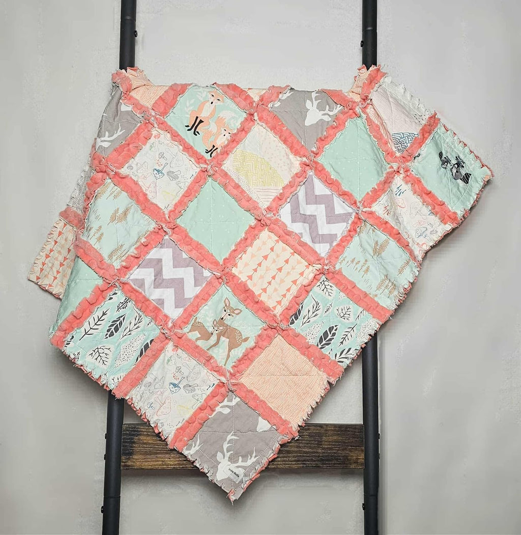 Quilt, Woodland Animals, Baby Shower Gift, Baby Quilt, Security Blanket, Crib Quilt, Baby Lovey, Rag Quilt, Gender