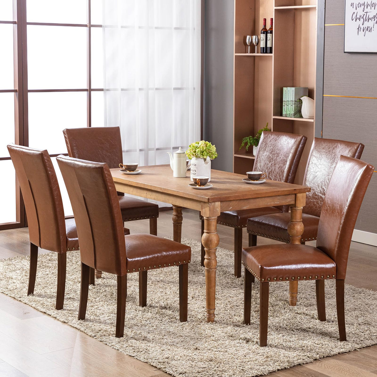 Upholstered Parsons Dining Chairs Set of 2, PU Leather Dining Room Kitchen Side Chair with Nailhead Trim and Wood