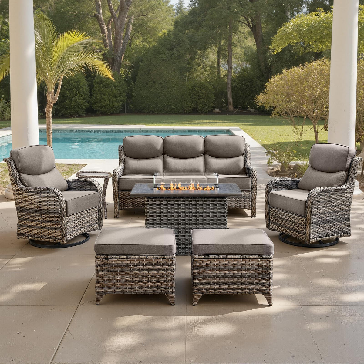 Luxury 6" Thick Cushioned 7 Pieces Patio Furniture Set with Fire Pit Table, Wicker Outdoor Conversation Set with High
