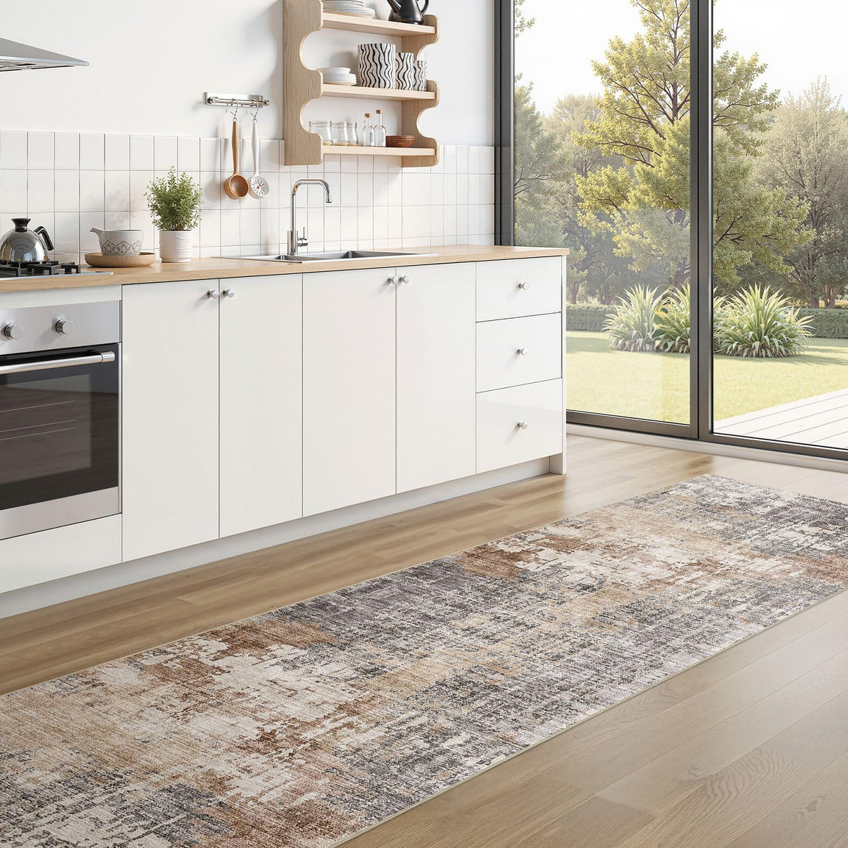 Washable Runner Rug : 2.6x12 Neutral Modern Abstract Low Pile Area Rug with Non-Slip Backing - Carpet Kitchen Laundry