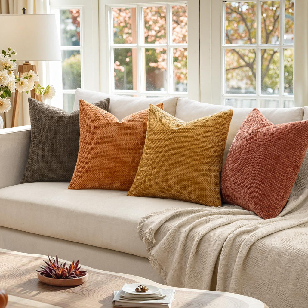 Decorative Chenille Fall Pillow Covers Orange Brown 20x20 Pack of 4