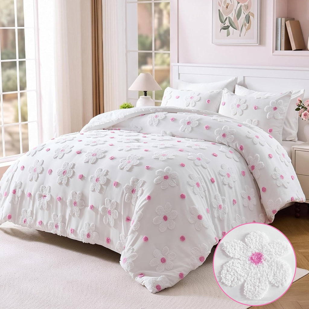Comforter Set for Girls Pink Tufted Daisies Flowers Bedding Set
