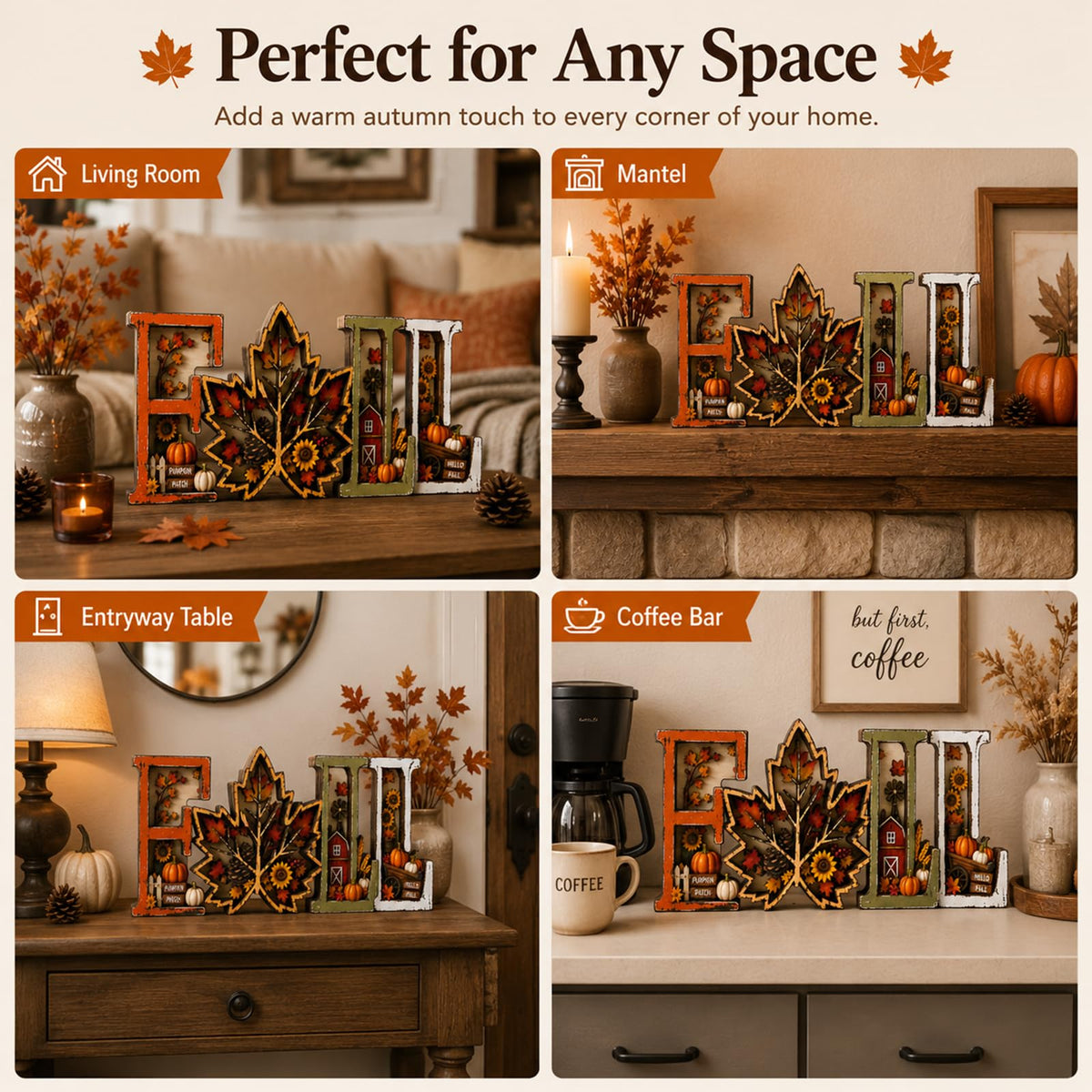 Fall Decorations 2026, 3D Wooden Fall Decor with Harvest Autumn Sign Leaf Pumpkin Scene, Rustic Thanksgiving Tabletop