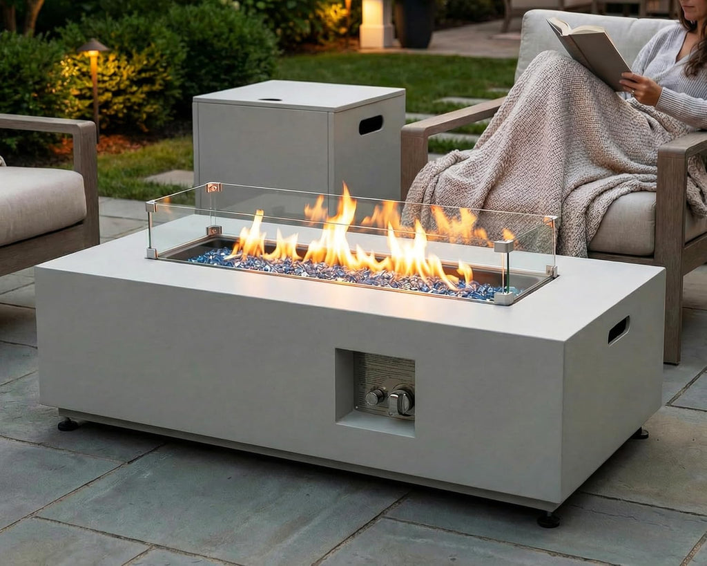 42" Outdoor Propane Fire Pit Table, 50,000 BTU Rectangle Natural Gas Firepit with Tank Table, No Assembly Low Profile Fire Table for Outside Patio & Backyard, CSA Certified, Grayish White