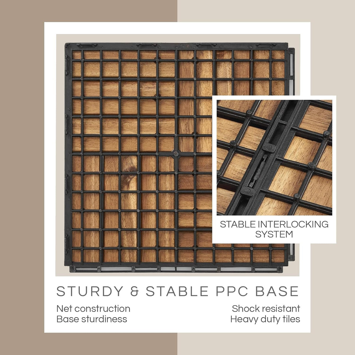 Premium Deck Tiles, Patio Flooring - Set 10 Pcs 12”x12”x0.9” Interlocking Deck Tiles, Waterproof Acacia Wood for Balcony, Backyard, Indoor & Outdoor (Golden Teak, Crossed Pattern, Square Joints)