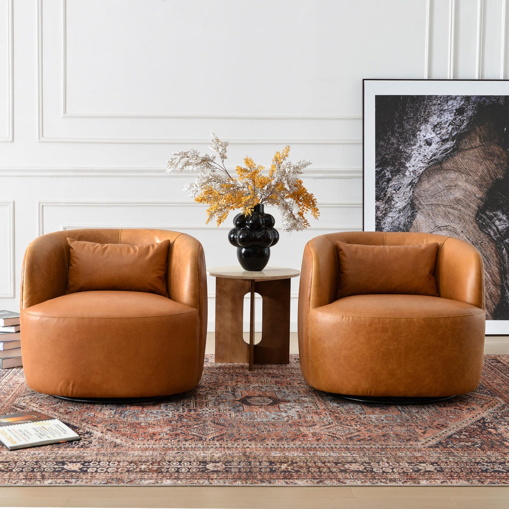 Set of 2 Top Grain Genuine Leather Upholstered Swivel Barrel Chair