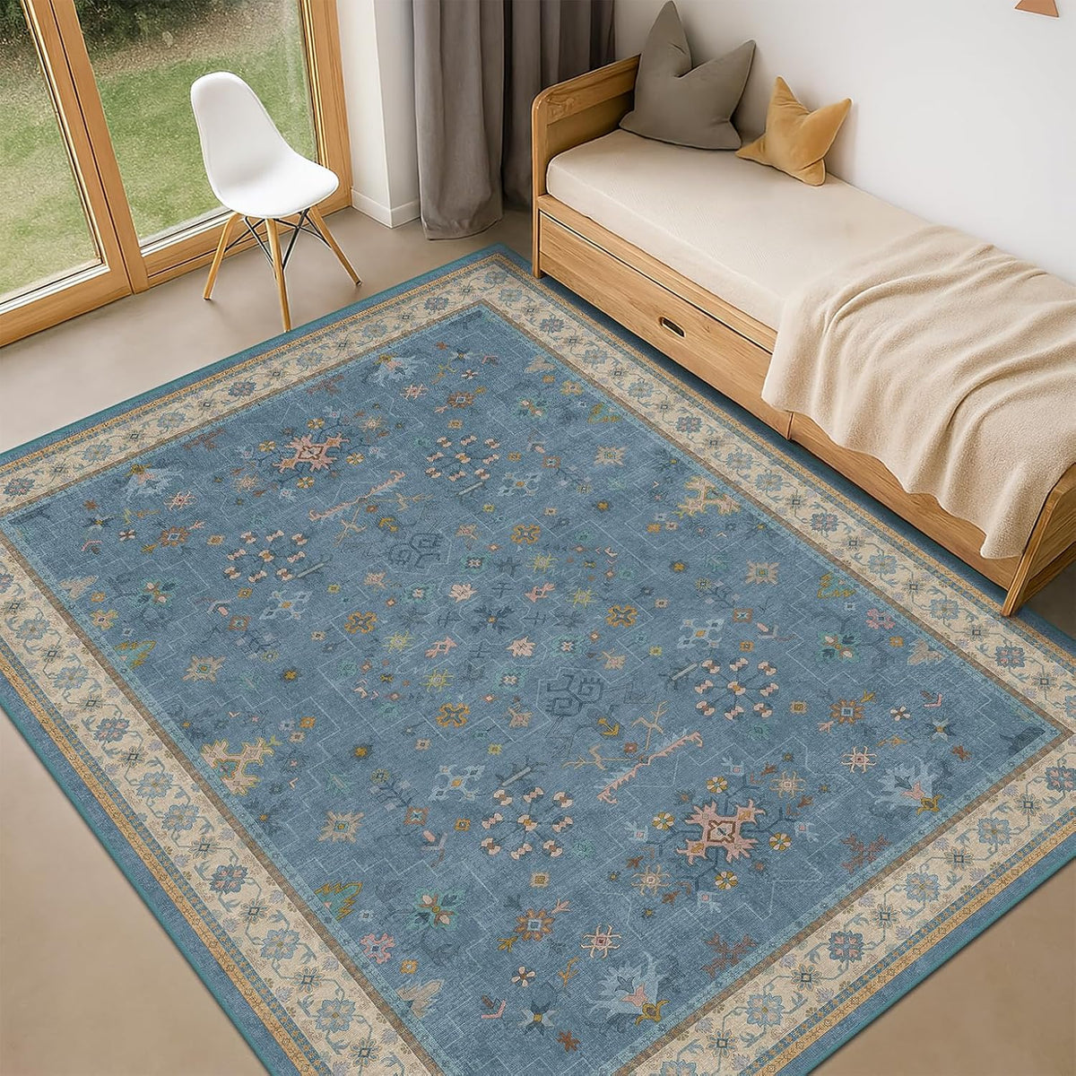 Washable Blue Rugs for Kids Room, Boho Nursery Rug Boys, Colorful Eclectic Low-Pile Carpet, Dining Table