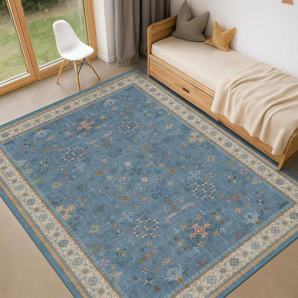 Washable Blue Rugs for Kids Room, Boho Nursery Rug Boys, Colorful Eclectic Low-Pile Carpet, Dining Table