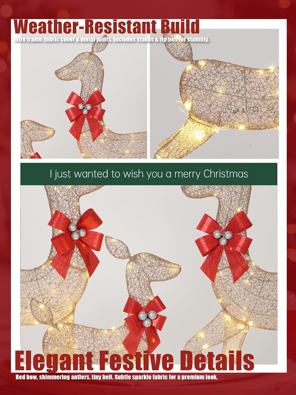 3 Piece 4FT 2D Lighted Christmas Deer with 175 LED Lights