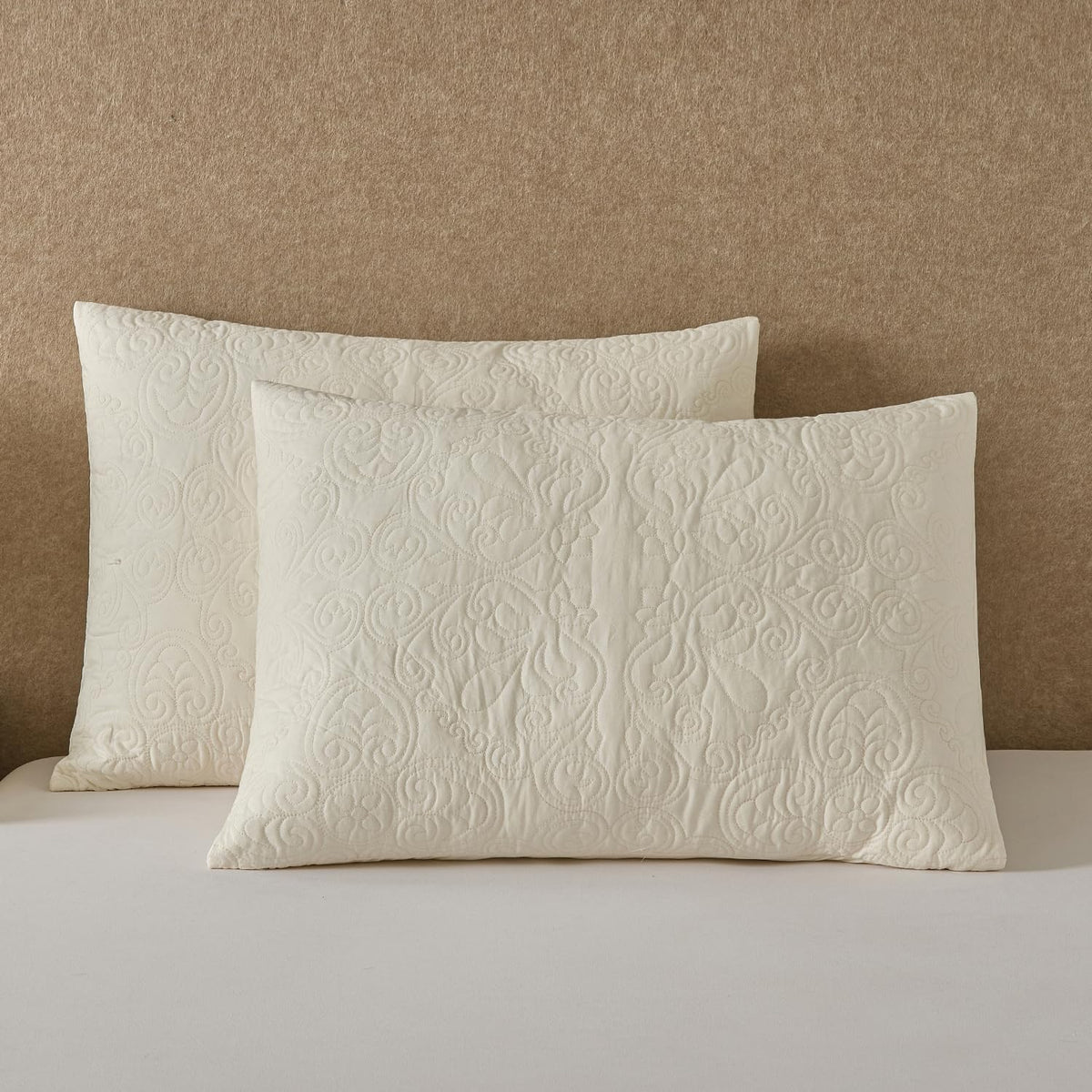 Quilted Pillow Shams Damask Ivory Medallion Set of 2 Embroidered