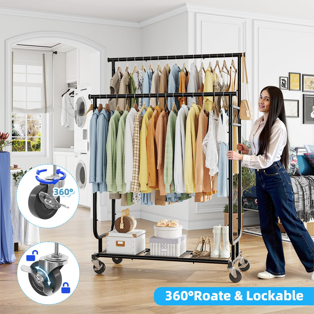 Heavy Duty Clothes Rack, Rolling Clothing Rack With Shelves Load 450 LBS, Double Rod Clothing Racks with Wheels for