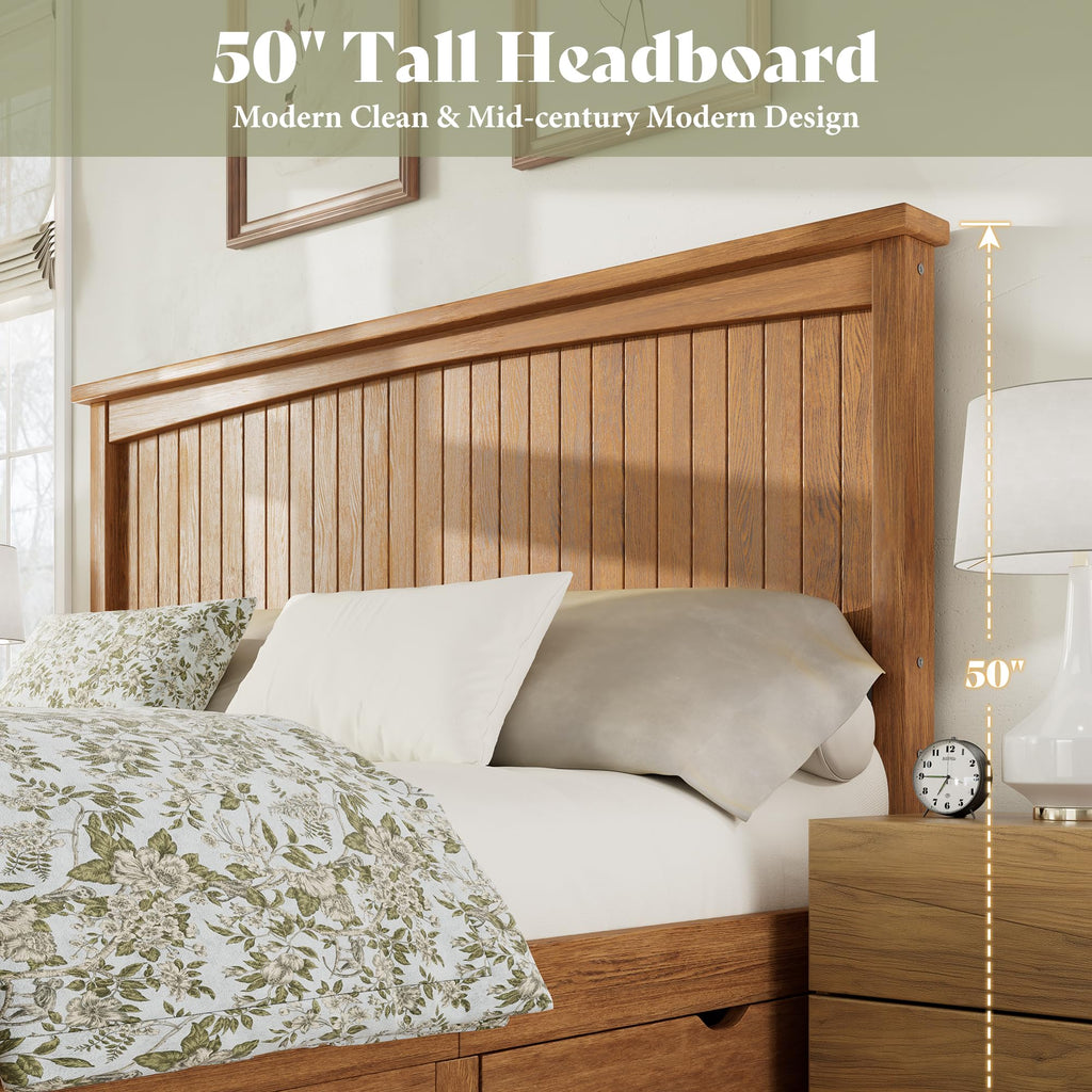 Solid Wood Full Storage Bed Frame with 2 Drawers, Brown