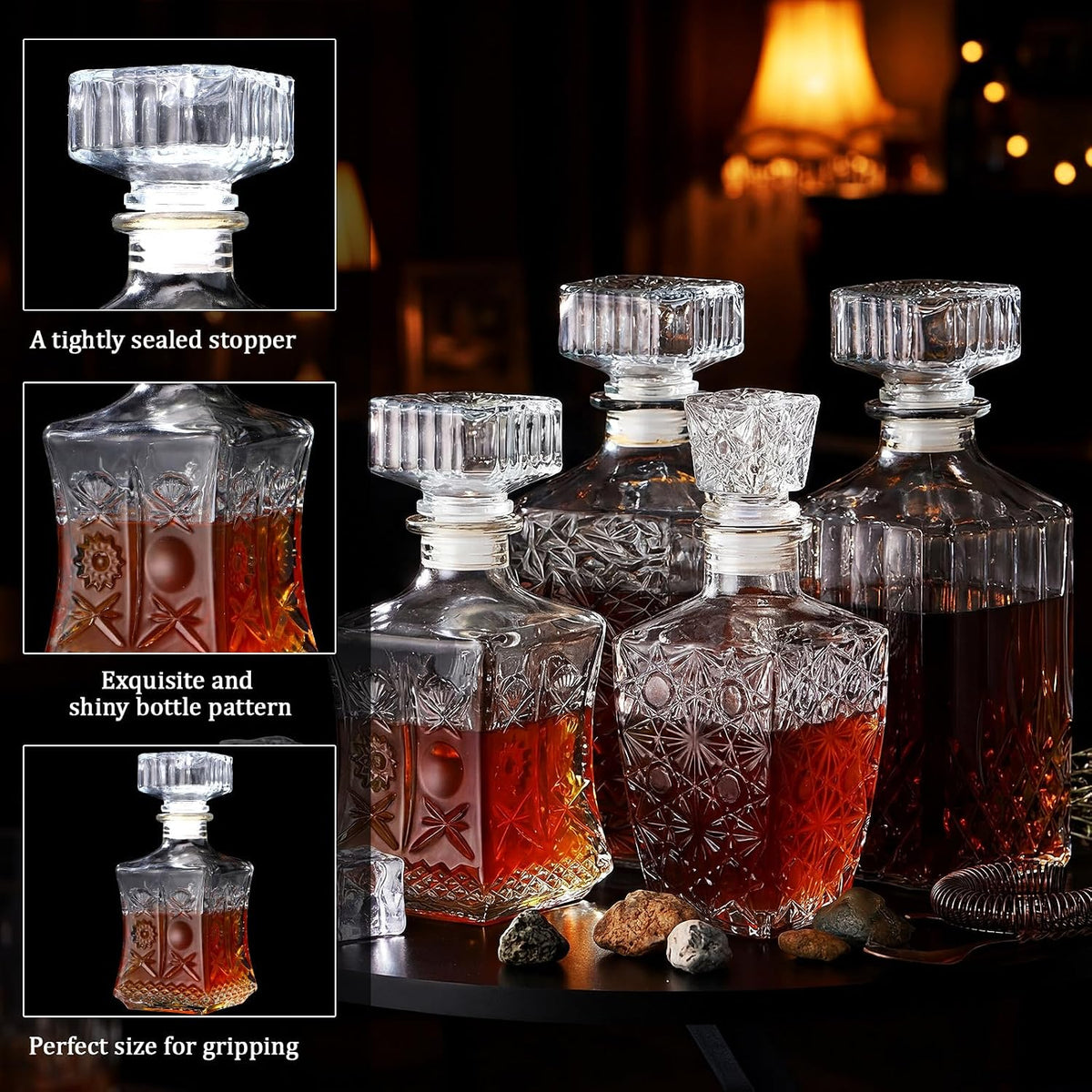Whiskey Decanter for Men Liquor Decanters Glass Alcohol Bottle with Glass Stopper for Vodka Tequila Brandy - Set of 4